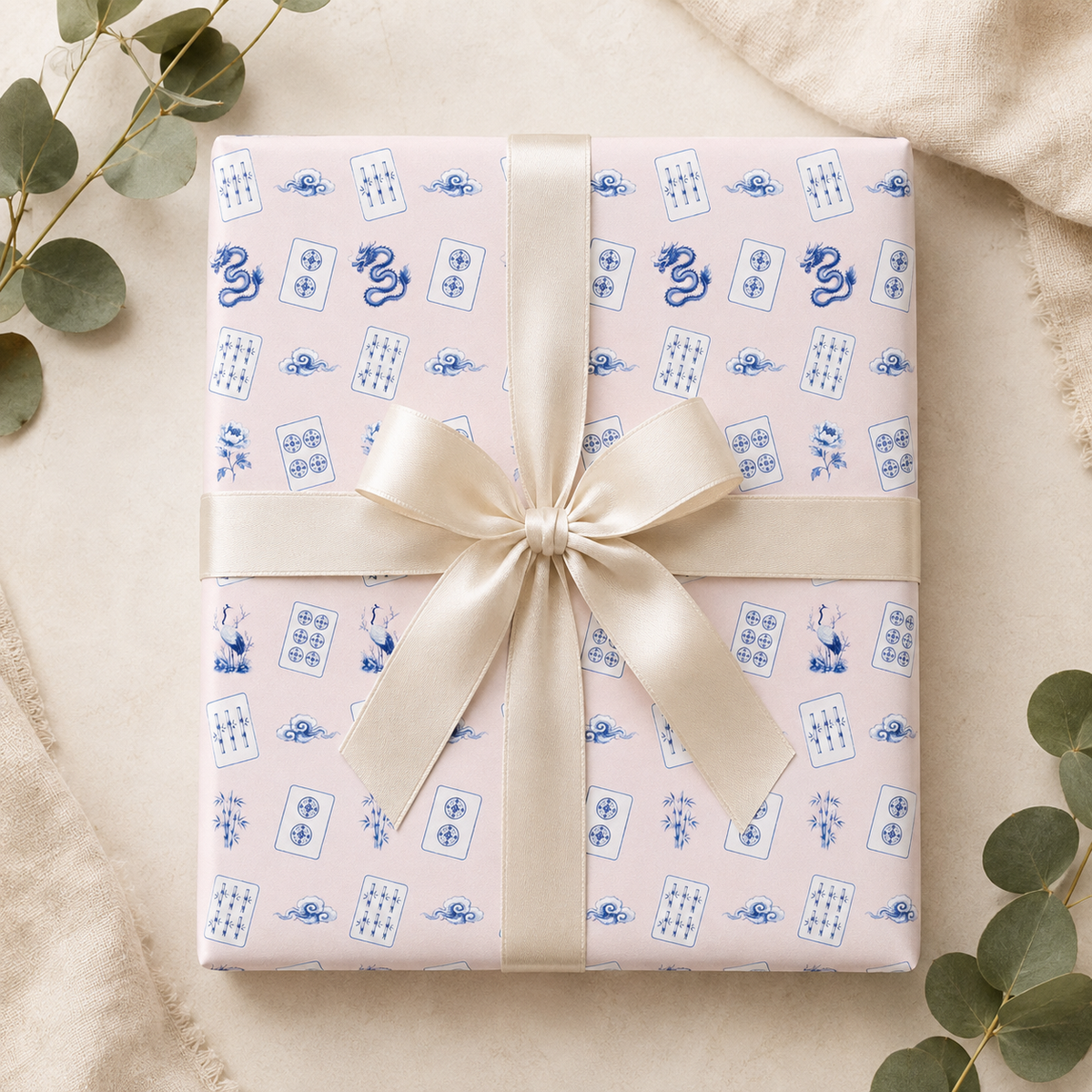 Peony Pink Mahjong Wrapping Paper | Blue Chinoiserie Gift Wrap