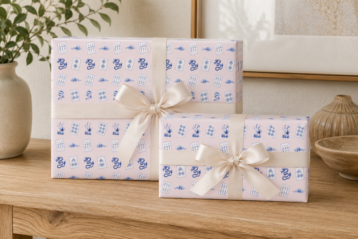 Peony Pink Mahjong Wrapping Paper | Blue Chinoiserie Gift Wrap