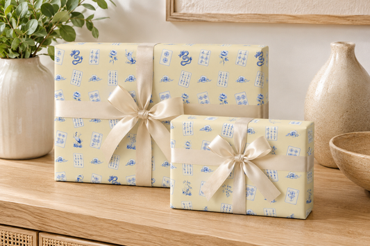 French Vanilla Mahjong Wrapping Paper | Blue Chinoiserie Gift Wrap