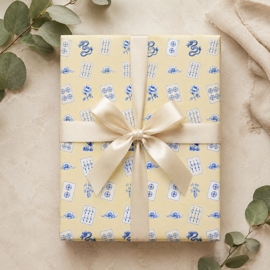 French Vanilla Mahjong Wrapping Paper | Blue Chinoiserie Gift Wrap