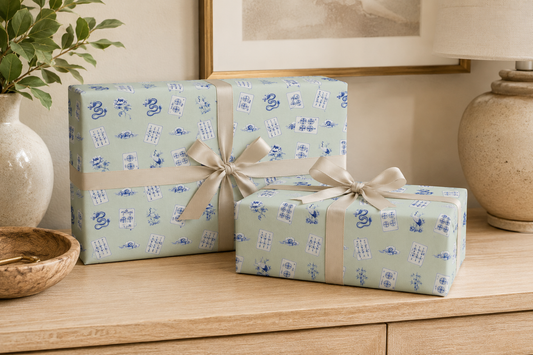 Celadon Mint Mahjong Wrapping Paper | Blue Chinoiserie Gift Wrap