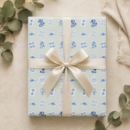 Celadon Mint Mahjong Wrapping Paper | Blue Chinoiserie Gift Wrap