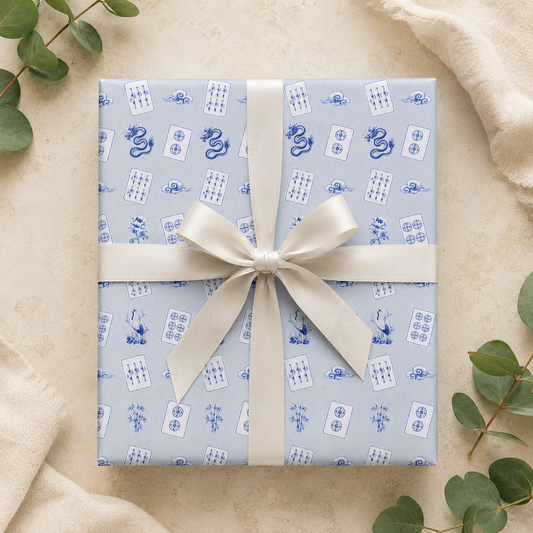 Misty Harbor Blue Mahjong Wrapping Paper | Blue Chinoiserie Gift Wrap