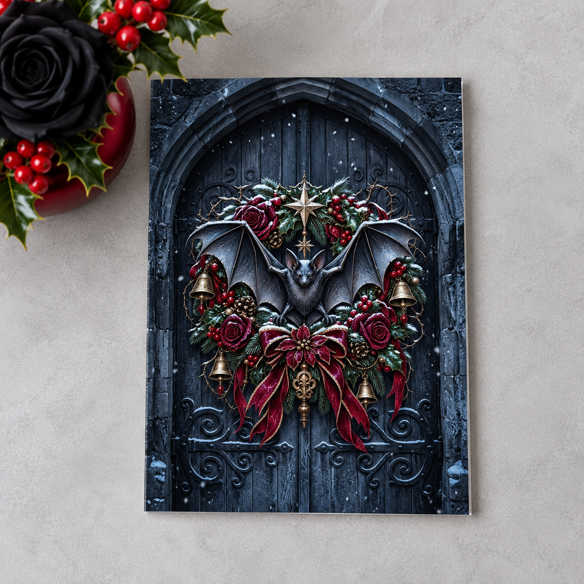 Gothic Bat Wreath Christmas Cards | Victorian Castle Gothmas Set of 10