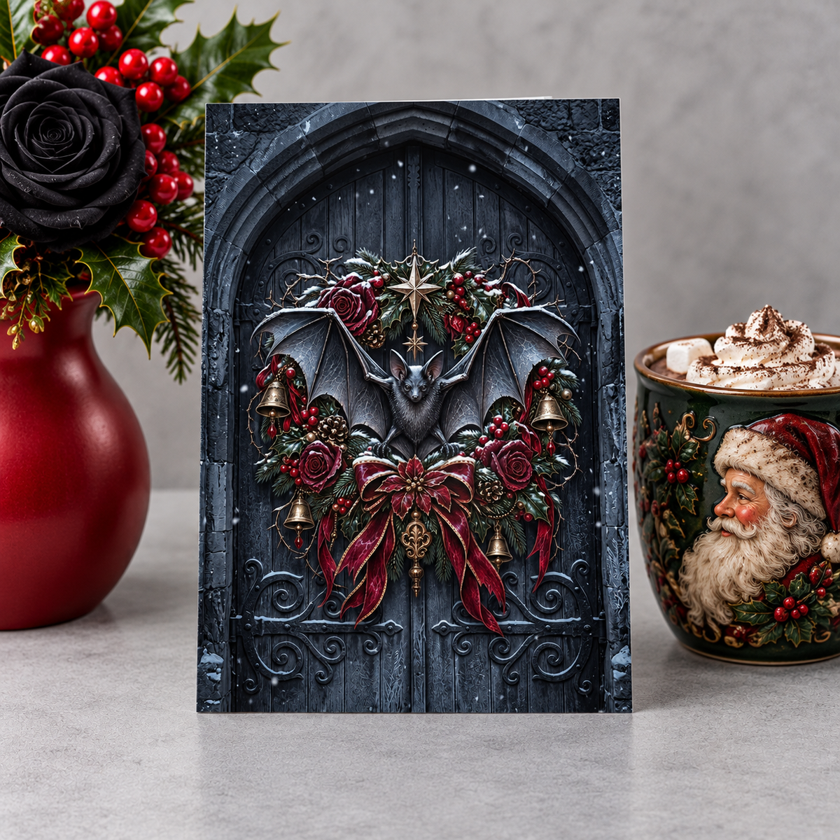Gothic Bat Wreath Christmas Cards | Victorian Castle Gothmas Set of 10