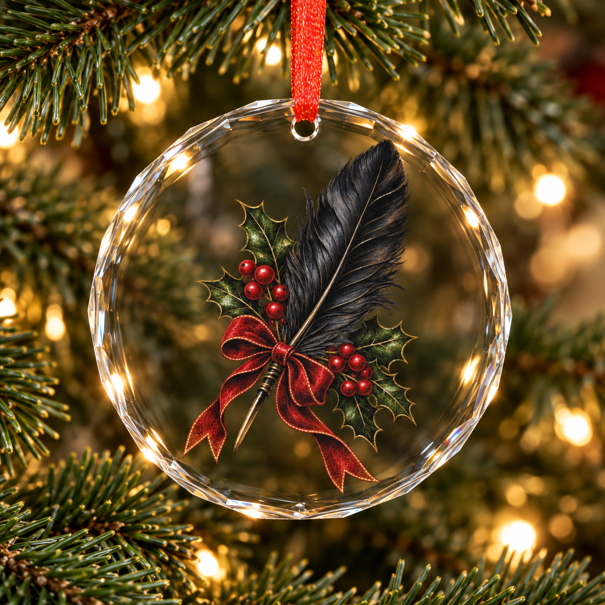 Raven Feather & Holly | Gothic Christmas Glass Ornament