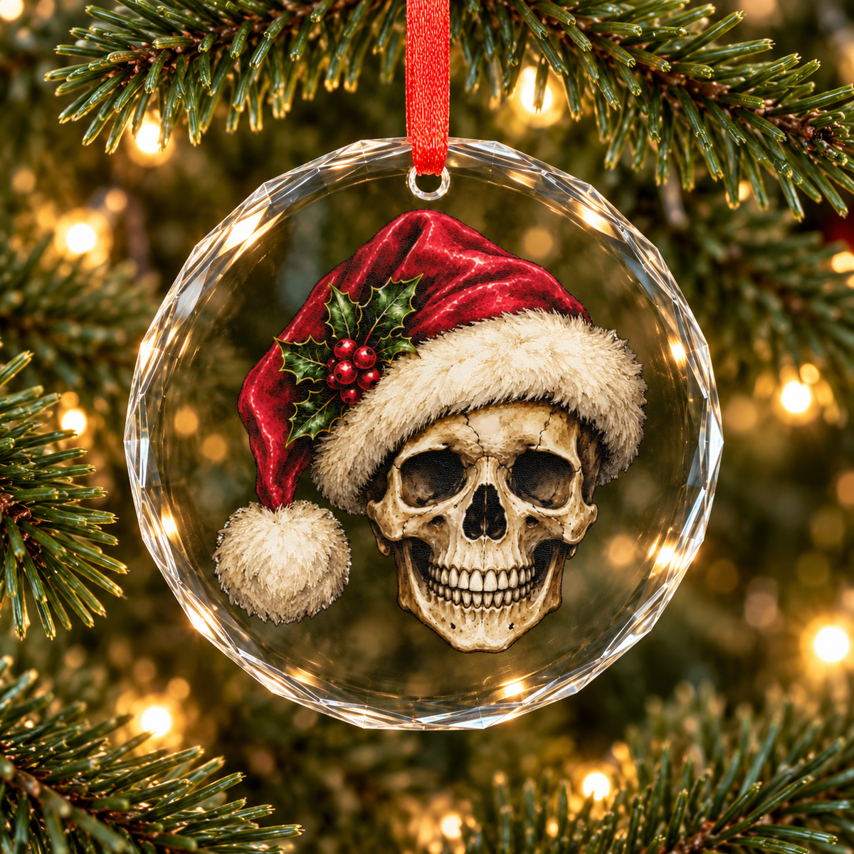 Santa Hat Skull | Gothic Christmas Glass Ornament | Gothmas