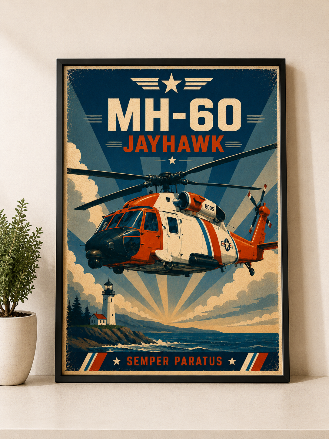 MH-60 Jayhawk Vintage Art Poster | Maritime Search & Rescue Helicopter