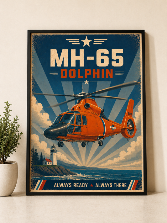 MH-65 Dolphin Vintage Art Poster | Maritime Rescue Helicopter Wall Art