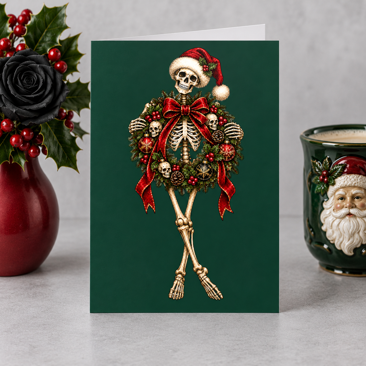 Gothmas Skeleton Wreath Christmas | Gothic Christmas Cards Set of 10